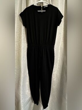 Black Short Sleeve Jumpsuit Elastic Waist Tapered Leg Minimalist